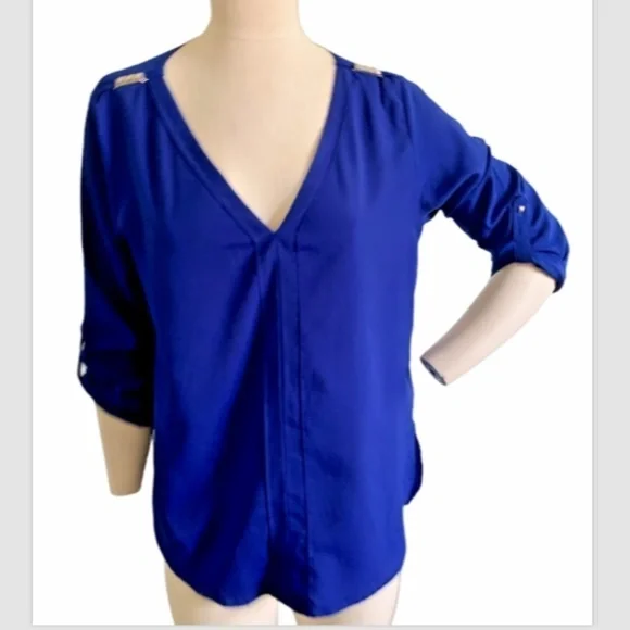 Zara Basic Roll Tab V-neck Blouse L Royal Blue Stud Shoulder Accent #225D - Picture 2 of 7